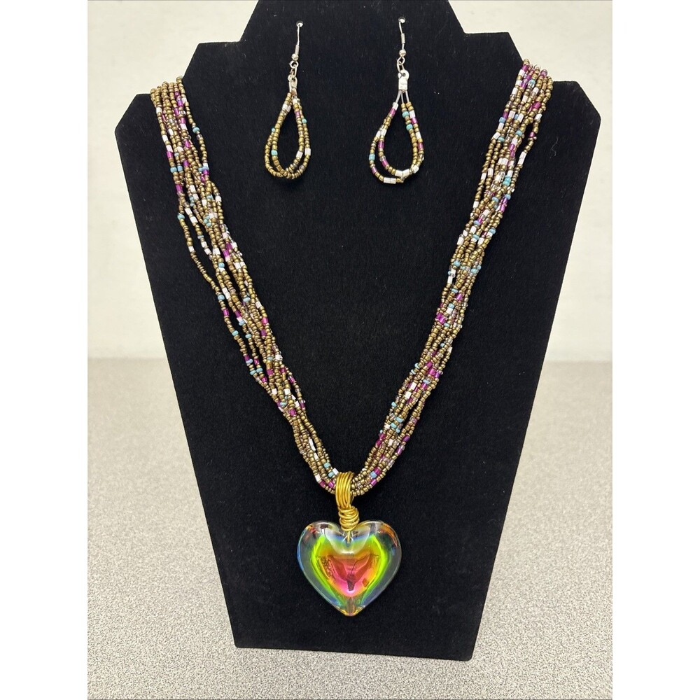 Iridescent Rainbow Heart Pendant, Carnival Glass 1.5", Earrings, Necklace 21.5